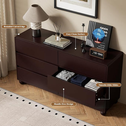 Furniway 3 Piece Bedroom Set, 6 Drawer Dresser and 2 Drawer Nightstand Set of 2 with Round Legs, Modern Wood Chest of Drawers Storage Cabinet for Bedroom, Brown
