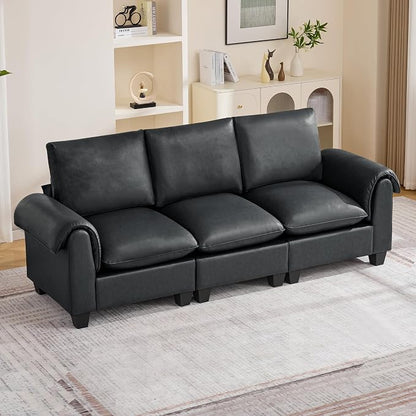 96" Faux Leather Modular Sectional Upholstered Sofa, Oversized 3 Seater Couch with Curved Armrests, Cloud Modern Upholstered Deep Seat Sofa for Living Room, Black