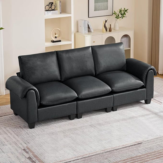 96" Faux Leather Modular Sectional Upholstered Sofa, Oversized 3 Seater Couch with Curved Armrests, Cloud Modern Upholstered Deep Seat Sofa for Living Room, Black