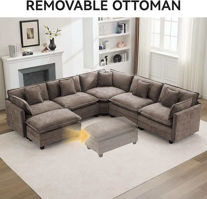 113'' V Shaped Cloud Sectional Sofa, Oversized Deep Seat Couches for Living Room, Chenille Comfy Upholstered Modular Sectional Sofa Couch,Brown
