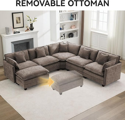 113'' V Shaped Cloud Sectional Sofa, Oversized Deep Seat Couches for Living Room, Chenille Comfy Upholstered Modular Sectional Sofa Couch,Brown