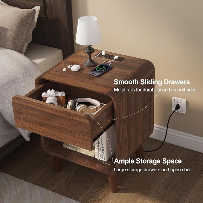 Nasonet 6 Drawer Dresser and Nightstands Set with Charging Station, Wood Mid-Century Modern Dresser and Nightstand 3 Pieces for Bedroom, Living Room, Walnut