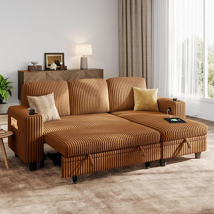 LINSY HOME Sectional Sleeper Sofa with Storage Chaise & USB Charging, Convertible Pull Out Couch Bed Plush Corduroy Modular Sectional Couches for Living Room Apartment (Brown)