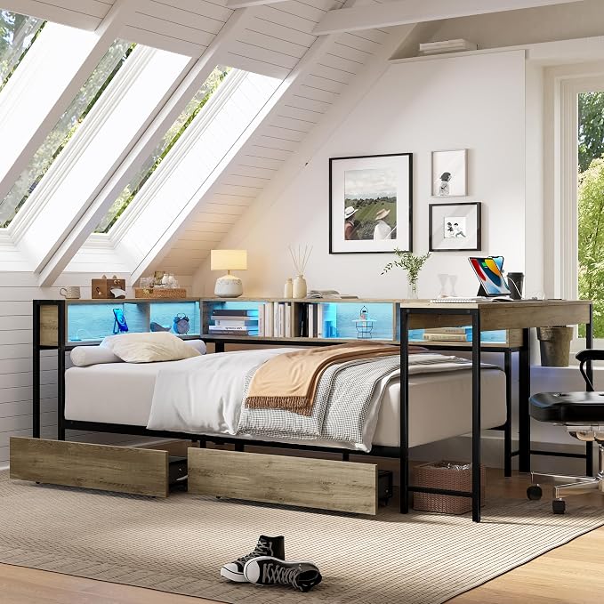 Bellemave Full Corner Bed Frame with Desk and Storage, Full Size Captains Bed with Charging Station and LED Light, Wood Daybeds with L-Shaped Bookcase and 2 Drawers, Grey
