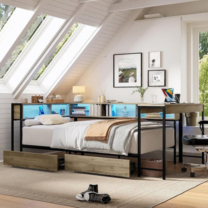 Bellemave Full Corner Bed Frame with Desk and Storage, Full Size Captains Bed with Charging Station and LED Light, Wood Daybeds with L-Shaped Bookcase and 2 Drawers, Grey