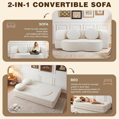 Vongrasig 77” Convertible Sofa Bed, Folding Boneless Couch, Floor Sofa 2-in-1 Curved Couch for Small Living Room, Apartment, Guest Room, White
