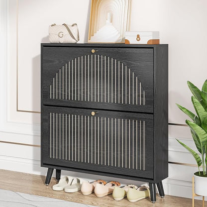 Fsbecl Shoe Storage Cabinet for Entryway with 2 Flip Drawers, Narrow Wood Shoe Cabinet with Fluted Panel, Freestanding Hidden Shoe Organizer for Foyer, Hallway (Black - No Shelf)
