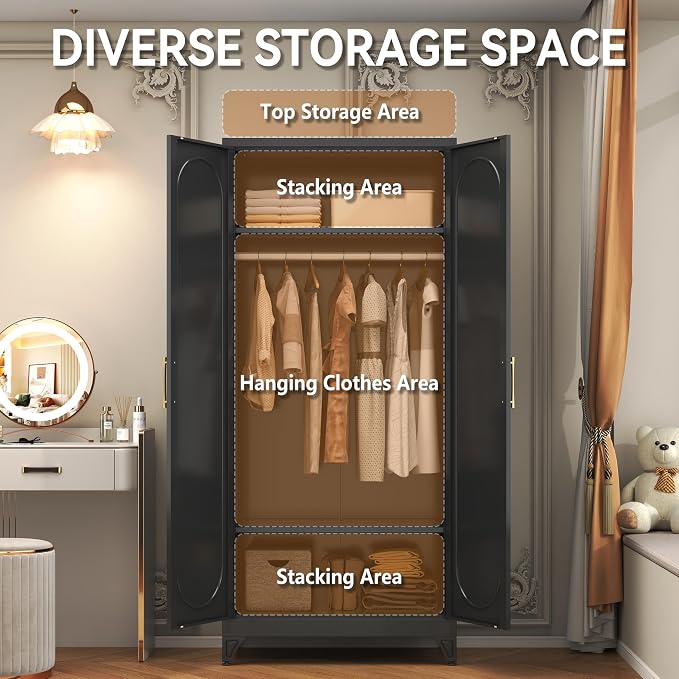 Polup Metal Armoire Wardrobe Closet with Doors and Shelves, 71" Tall Wardrobe Closet with Hanging Rod, Freestanding Clothes Cabinets, Steel Wardrobes for Bedroom, Home Office, Employee, Black