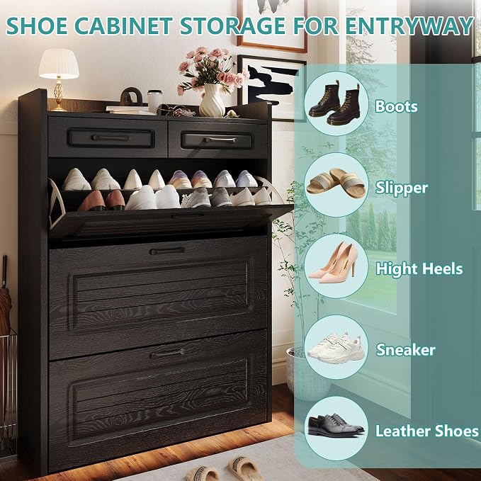 Shoe Cabinet Storage for Entryway with 3 Large Flip Drawers & 2 Storage Drawers, Narrow Shoe Organizer Cabinet Fits for Kinds of Shoes, Slim Shoe Storage Cabinet for Entryway, Hallway, Black