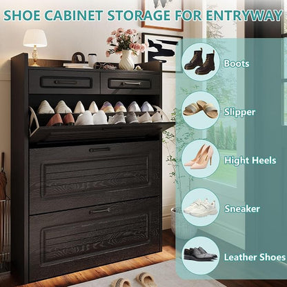 Shoe Cabinet Storage for Entryway with 3 Large Flip Drawers & 2 Storage Drawers, Narrow Shoe Organizer Cabinet Fits for Kinds of Shoes, Slim Shoe Storage Cabinet for Entryway, Hallway, Black