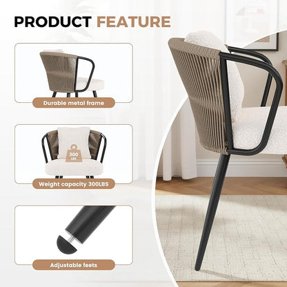 Rope Weaving Dining Chairs Set of 4, Modern Rattan Upholstered Kitchen Chair with Metal Legs, Ergonomic Curved Backrest, Living Room Chairs with Throw Pillow for Kitchen, Brown