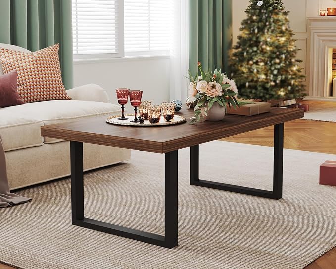 IBF Walnut Coffee Table, Minimalist Wooden Living Room Table, Modern Simple Rectangle Center Table, Vintage Rustic Wood and Metal Cocktail Tea Coffee Table for Home Bedroom Office, Walnut, 39 Inch