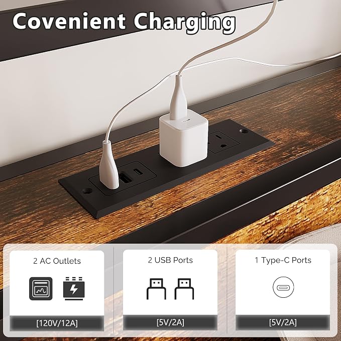 VINGLI Queen Bed Frame with 4 Storage Drawers and Headboard, Metal Platform Panel Bed with Charging Station and RGB LED Lights, No Box Spring Needed, Noise Free, Easy Assembly,Rustic Brown