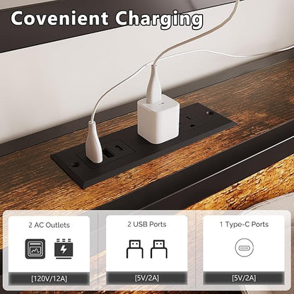 VINGLI Queen Bed Frame with 4 Storage Drawers and Headboard, Metal Platform Panel Bed with Charging Station and RGB LED Lights, No Box Spring Needed, Noise Free, Easy Assembly,Rustic Brown