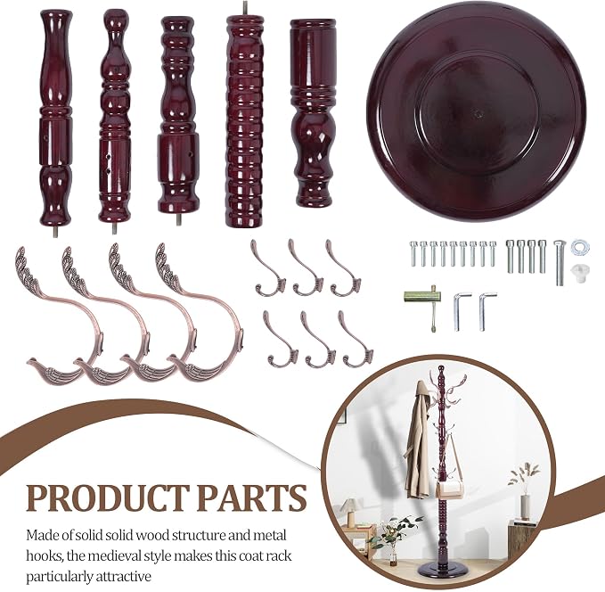 Wooden Coat Rack Free Standing 20 Metal Hooks, Vintage Coat Rack Stand for Entryway, Adjustable Height 73", Heavy Duty Coat Tree with Solid Round Base for Home Bedroom, Office(Walnut-m)