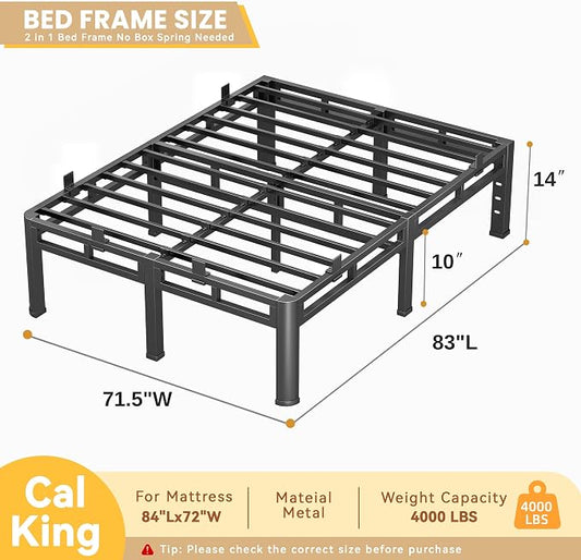14 Inch Cal King Bed Frame, Metal Double Layer Steel 4000 lbs Capacity, Platform with Large Under Bed Storage Space, No Box Spring Needed, Noise-Free, Easy Assembly