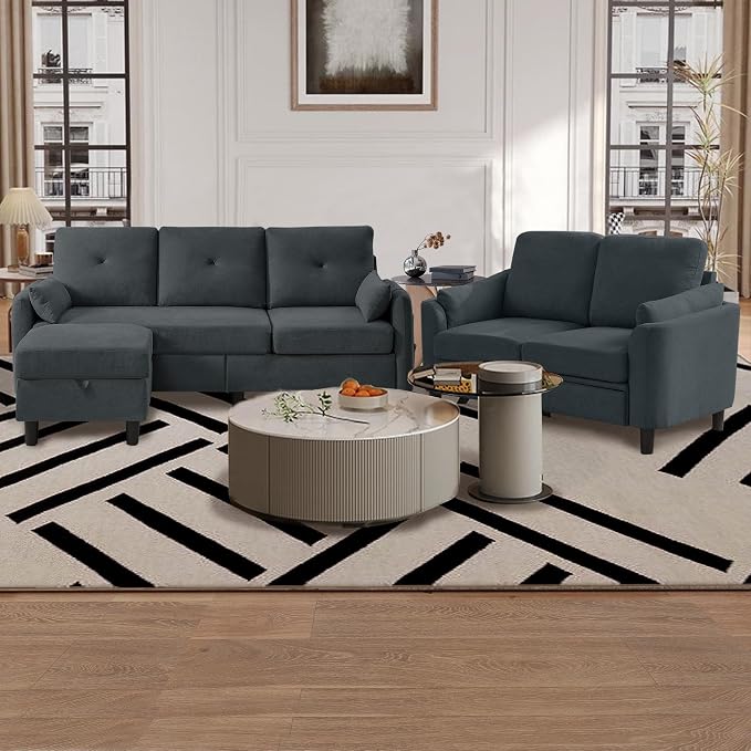 Convertible Sectional Couch Set, 77" L Shaped Sofa with Ottoman and 57" Loveseat, Modern Couches for Living Room, Apartment and Office, Dark Grey