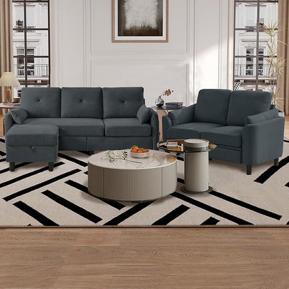Convertible Sectional Couch Set, 77" L Shaped Sofa with Ottoman and 57" Loveseat, Modern Couches for Living Room, Apartment and Office, Dark Grey