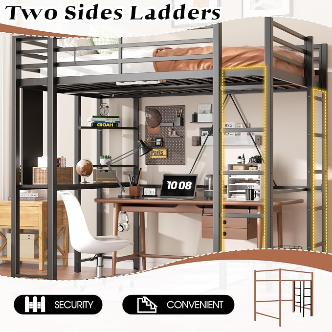 Shintenchi Loft Bed Full Size with Desk and Storage Shelves, Frame with 2 Side Ladders for Kids, Teens Adults, Spcace-Saving Noise-Free and Anti-tilt Design, Black