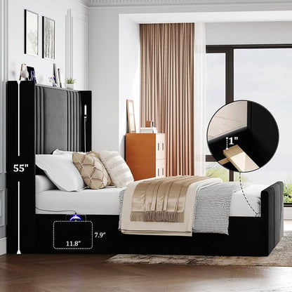 Queen Bed Frame with 55.1" Tall Headboard, Velvet Upholstered Platform Bed with Channel Tufted Wingback, 2 Reading Lights/Storage Shelf/Charging Station/Easy Assembly/Noise-Free, Black