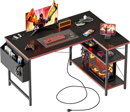 Mericonia Small L Shaped Computer Desk with Power Outlets, Reversible Gaming Desk with Storage Shelves, Corner Gamer Desk Table, Study Writing Table