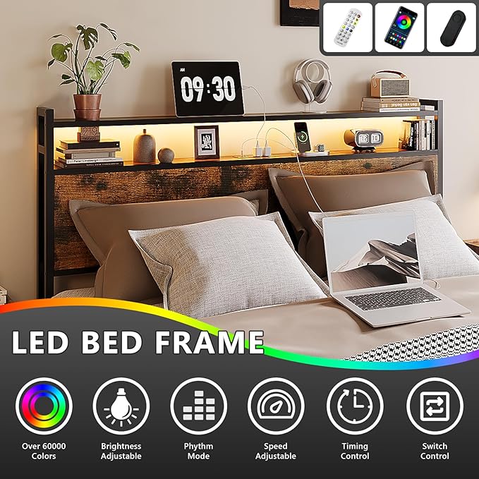 VINGLI King Bed Frame with 4 Storage Drawers and Adjustable Headboard Shelf, Metal Platform Captain Bed with Charging Station and RGB LED Lights, No Box Spring Needed, Noise Free, Wash Vintage Brown