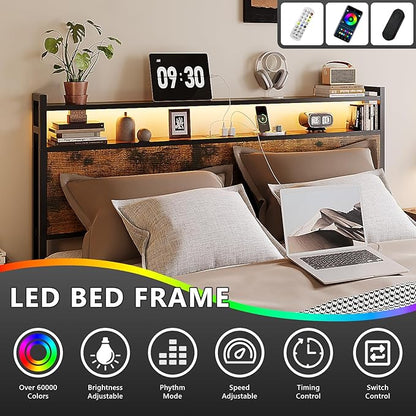 VINGLI King Bed Frame with 4 Storage Drawers and Adjustable Headboard Shelf, Metal Platform Captain Bed with Charging Station and RGB LED Lights, No Box Spring Needed, Noise Free, Wash Vintage Brown