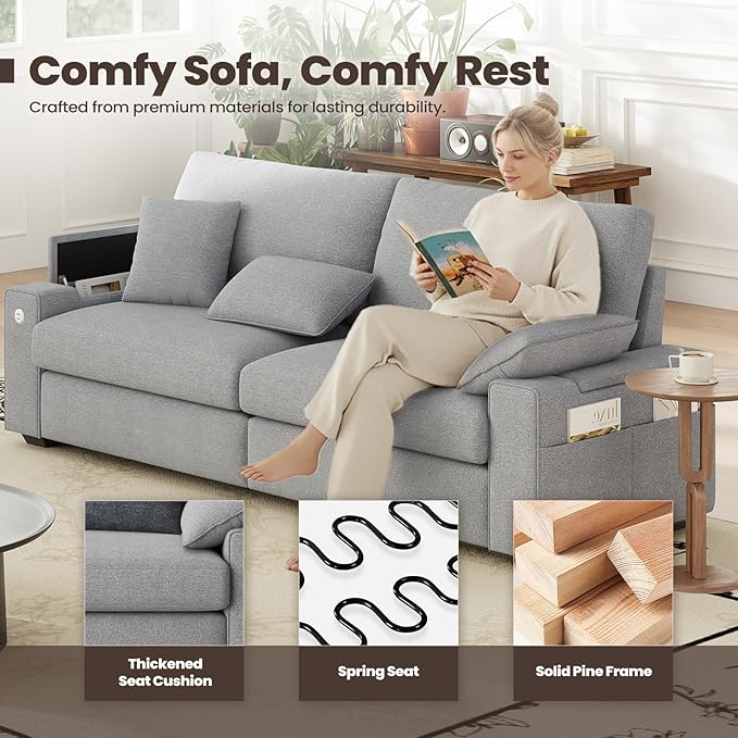 MALOL 89" Loveseat Couch, 3 Seater Upholstered Midcentury Mondern Love Seat with USB Type C Ports, 4 Pillows and Storage Armrest Cloud Foam Sofa for Living Room/Small Spaces, Grey | Breathable material
