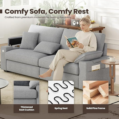 MALOL 89" Loveseat Couch, 3 Seater Upholstered Midcentury Mondern Love Seat with USB Type C Ports, 4 Pillows and Storage Armrest Cloud Foam Sofa for Living Room/Small Spaces, Grey | Breathable material
