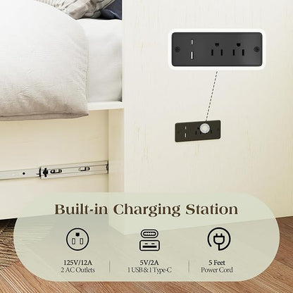 LUXOAK Twin Murphy Bed with Built-in Charging Station and Storage Drawer, Farmhouse Foldable Cabinet Bed for Guest Room, Apartment or Home Office, White