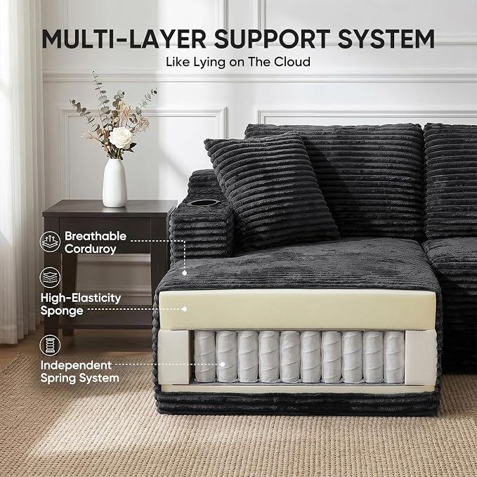 Boneless Couch, 127" Sofas for Living Room, U Shaped Couch with Chaise | Sectional Sofa, Cloud Couch Sectional with Cup Holders and Storage, Cloud Sofa with Deep Seat, Grey, Corduroy, No Assembly