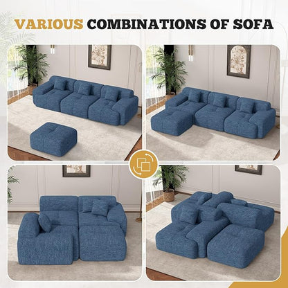 122" Modern Boneless Couches for Living Room, Convertible L Shaped Modular Sectional Sofa,4 Seater Cloud Couch Sofa Set, Blue 1 PCS