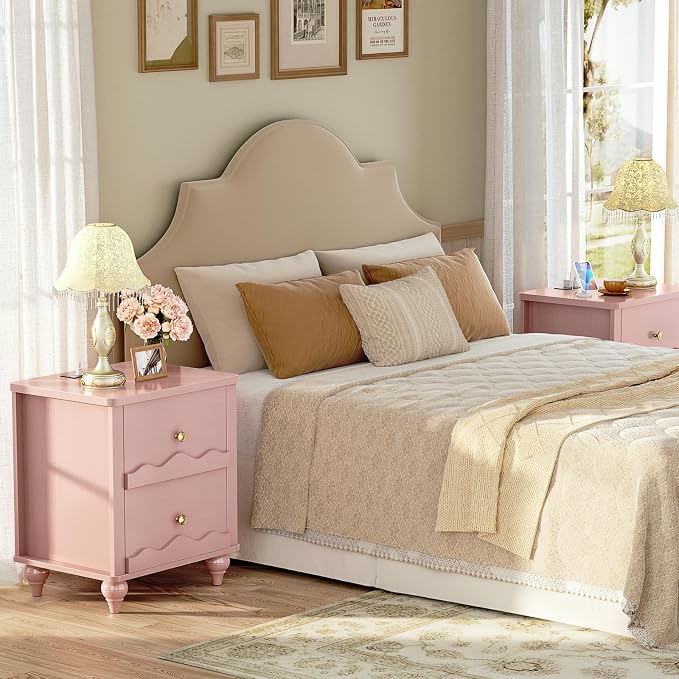 Cyclysio Pink Nightstand with Charging Station, Scalloped Bedside Table with 2 Smooth Drawers, Modern End Table with Solid Wood Legs for Bedroom and Small Spaces