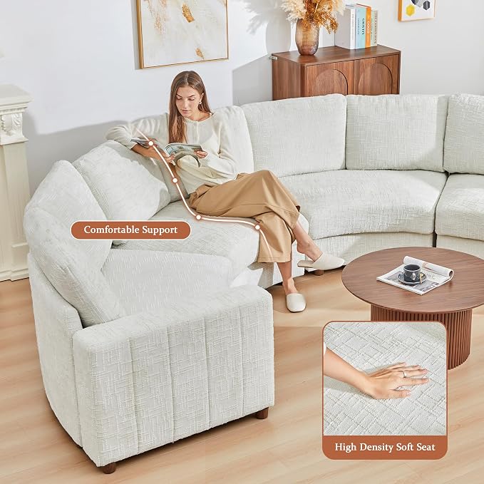 ORRD Curved Half Moon Sectional Sofa, Symmetrical Modular Sectional Couch, Boucle Modular Sectional Sofa with Pillows, Chenille Comfy 6 Seat Couch for Living Room, White