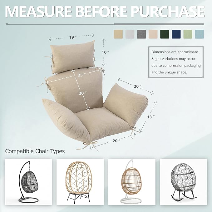 Egg Chair Cushion with 8 Securing Straps, Water-Repellent & Fade-Resistant Faux Linen, Removable Cover, Replacement Cushion for Most Single Outdoor Hanging Swing Egg Chairs – Beige
