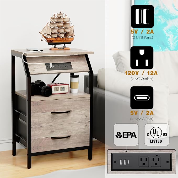 SZLHANJZ Storage End Table, Charging Nightstand with 2 Drawers, Small Fabric Night Stand for Bedside, Wood and Metal Side Table for Living Room, Dorm, Grey Oak