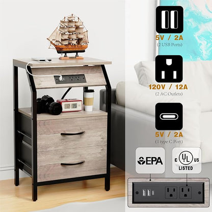 SZLHANJZ Storage End Table, Charging Nightstand with 2 Drawers, Small Fabric Night Stand for Bedside, Wood and Metal Side Table for Living Room, Dorm, Grey Oak