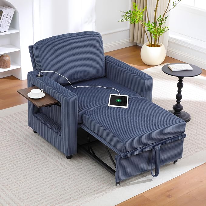 3 in 1 Folding Convertible Sleeper Sofa Bed Pull Out Couch with Side Pockets USB Port Side Table Single Sofa Bed with Adjustable Backrest for Living Room Bedroom 66" Blue 1 SEAT