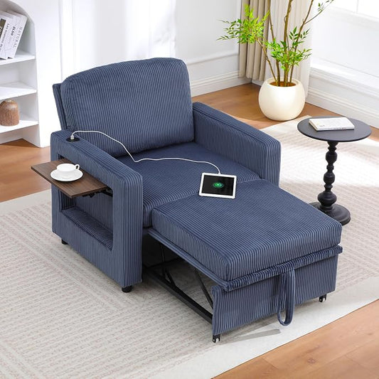 3 in 1 Folding Convertible Sleeper Sofa Bed Pull Out Couch with Side Pockets USB Port Side Table Single Sofa Bed with Adjustable Backrest for Living Room Bedroom 66" Blue 1 SEAT