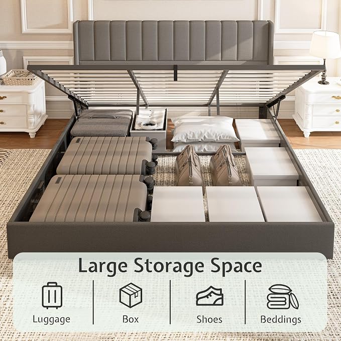Jocisland King Size Lift Up Storage Bed Frame, Linen Upholstered Platform Bed with Vertical Channel Tufted Headboard and Wingback, Hydraulic System, No Box Spring Needed, Wood Slats Support, Dark Gray
