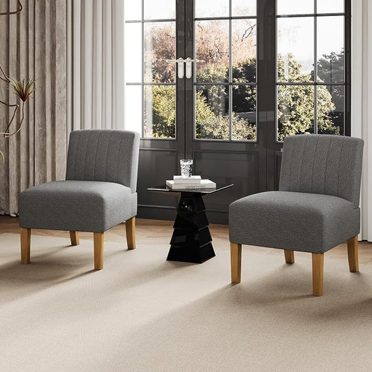 VIRRMO Armless Accent Chairs Set of 2 for Living Room, Modern Slipper Chair Living Room Chairs with Solid Wood Legs, Makeup Vanity Chair Fabric Comfy Upholstered Arm Chair Accent Chair,Grey