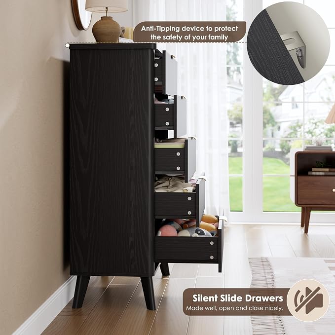 GarveeHome Fluted Dresser for Bedroom with 5 Deep Drawers, 47.2 in Tall Chest of Drawers, Curved Profile Design, Modern Wooden Dresser, for Living Room, Kids Room, Hallway, Black