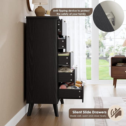 GarveeHome Fluted Dresser for Bedroom with 5 Deep Drawers, 47.2 in Tall Chest of Drawers, Curved Profile Design, Modern Wooden Dresser, for Living Room, Kids Room, Hallway, Black