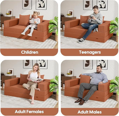 COMAX Futon Sofa Bed, Convertible Sofa Bed, Folding Boneless Couches | Boneless Couch for living room, Fold Out Small Foldable Loveseat Floor Sleeper Mattress Lounge Space‑Saving, Light Orange