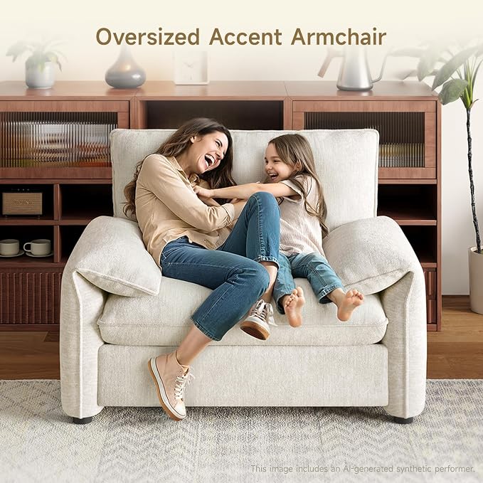 ONBRILL Oversized Accent Chair, 41 Inch Chenille Fabric Armchair, Comfy Single Sofa Chair with Padded Arms, Pocket Spring Cushion, Modern Reading Chair for Living Room, Bedroom, Beige
