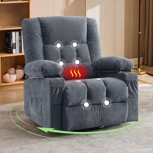BOSMILLER 360° Swivel Rocker Recliner Chair for Adults,Oversized Recliner Chair with Massage and Heating, Manual Nursery Glider Recliner with Cup Holder and Side Pocket for Living Room, Bedroom