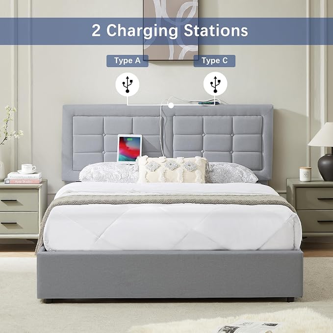 VECELO Full Size Bed Frame with 4 Drawers, Adjustable Tufted Button Headboard, Upholstered Platform with Wood Slats Support, Built-in USB and Type C Ports, Light Grey