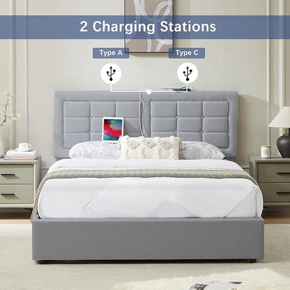 VECELO Full Size Bed Frame with 4 Drawers, Adjustable Tufted Button Headboard, Upholstered Platform with Wood Slats Support, Built-in USB and Type C Ports, Light Grey