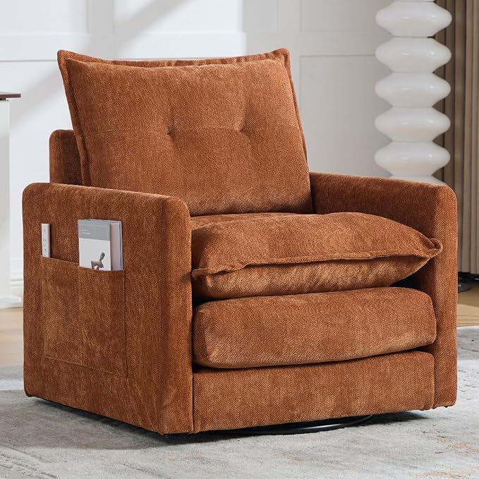 Swivel Accent Chair Set of 2, Modern Swivel Barrel Chair for Living Room, 360 Degree Comfy Square Accent Barrel Chair, Upholstered Sofa Armchair for Bedroom,Reading, Chenille, Brown