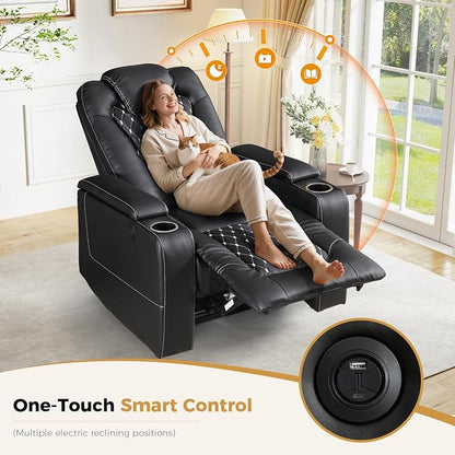 ANJ Power Recliner Chair Set of 3, Electric Soft Faux Leather Reclining Home Faux Theater Seating - USB Ports, Cup Holders, Hidden Arm Storage Movie & Media Room Chairs (Black)
